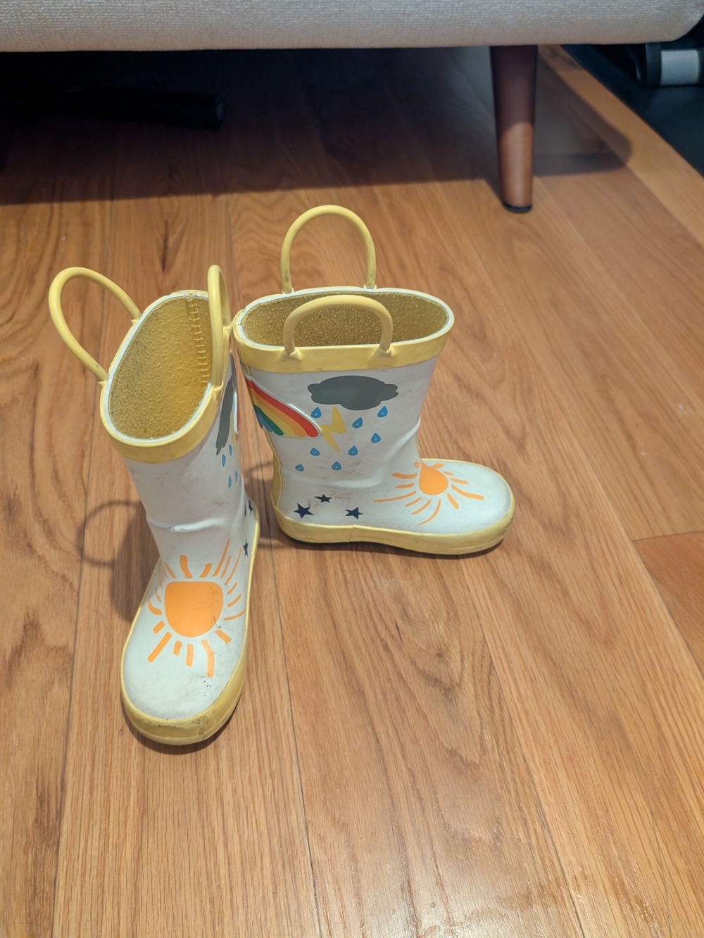 Kids Rain Boots with Sun & Rainbow Design - Yellow